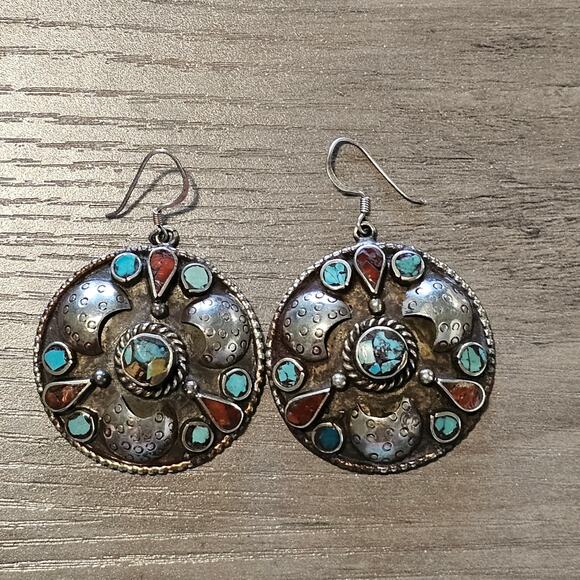 Vintage Tibetan Silver Round Earrings with Coral & Turquoise - Picture 6 of 6